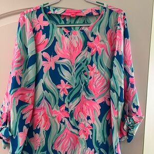 Lilly Pulitzer Vibrant Pink and Green Floral Blouse